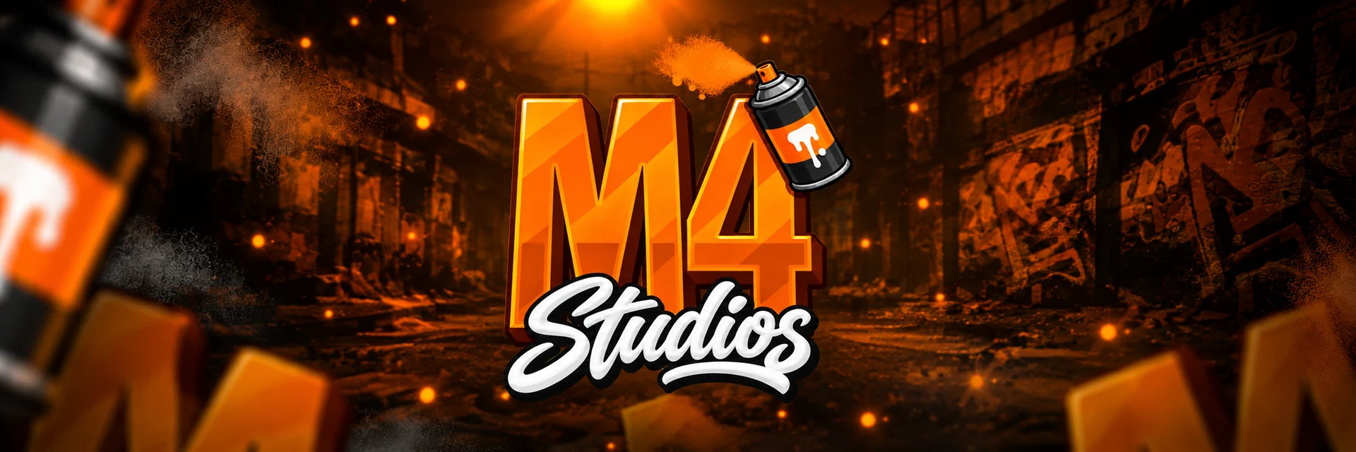 Identidad gráfica de M4 Studios con graffiti naranja